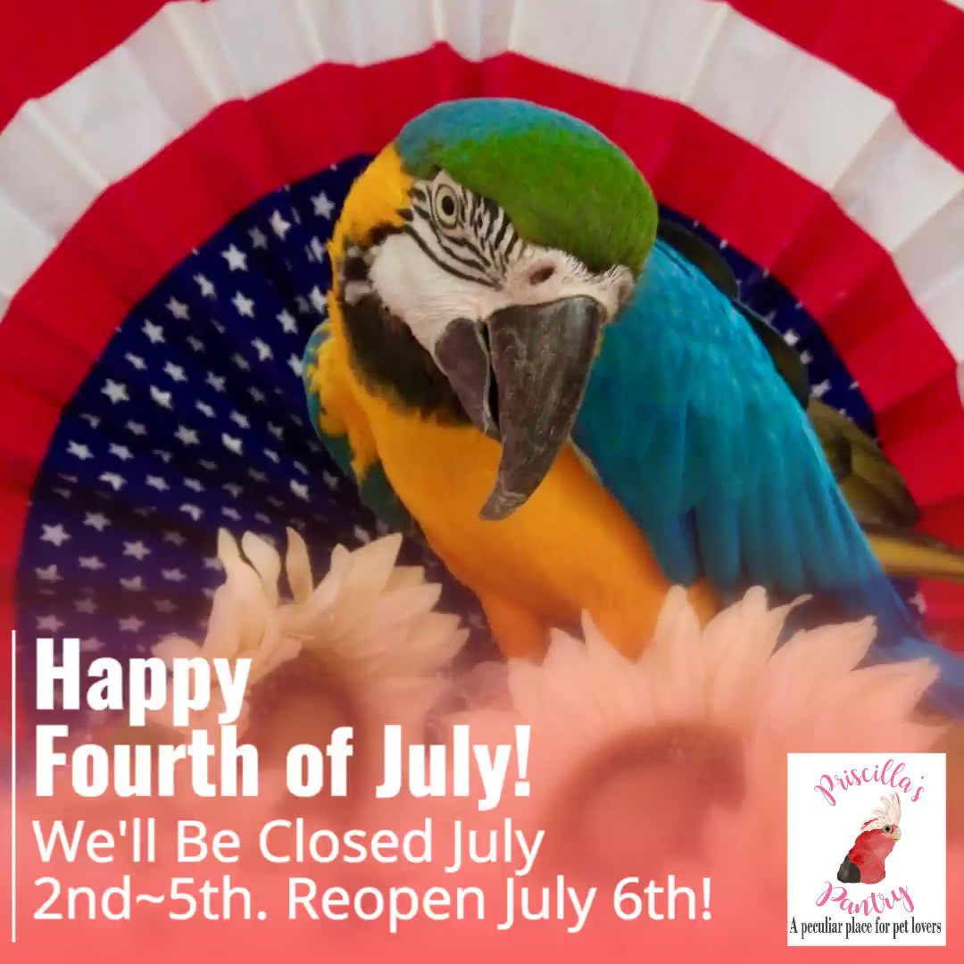 Happy Fourth of July from Priscilla's Pantry!
We'll be closed Sunday, July 2nd through Wednesday, July 5th and reopen on Thursday, July 6th. #independenceday #fourthofjuly #parrotsupplies #bunnysupplies #stands #cages #perches #food #toys #priscillaspantrytoo #obeythepinkandgrey https://t.co/HLlnvPZT3M