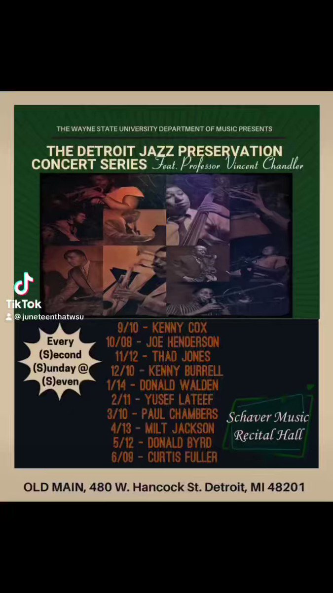 Please support The Detroit Jazz Preservation Concert Series every second Sunday at 7:00 p.m. from 9/10/23 - 6/10/24 in the Old Main Schaver Music Recital Hall. #WSUJuneteenth #Juneteenth #art #blackart #music #jazz #detroit #educate #advocate #celebrate #waynestateuniversity https://t.co/t5s2szchYx