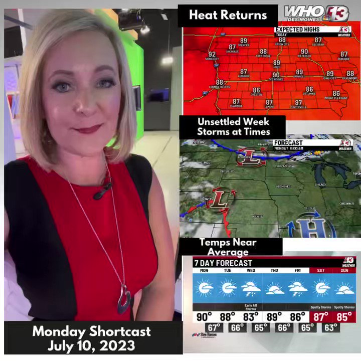 Central Iowa Shortcast for Monday July 10, 2023 #iawx Hot and Sunny, more various storm chances through week! https://t.co/Y93hprbZMo