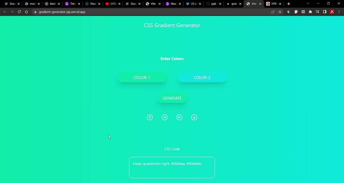 #100daysofCode 
Day 20 & 21
->Learnt about SSR v/s CSR
->Revised React  from basics: JSX, component, how react works, need of react
->Made CSS Gradient generator using React  
Deployed link: https://t.co/8otwzZbyqN https://t.co/l6Gex9IdHH