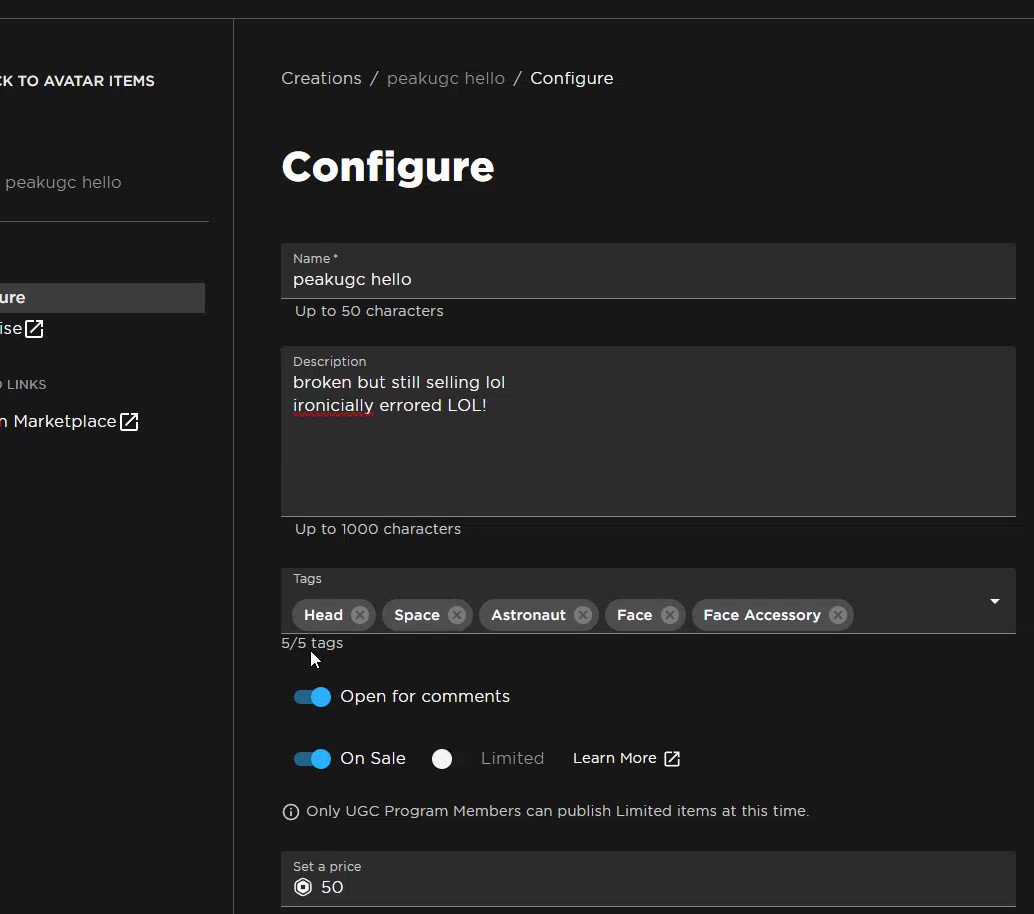 Peak” UGC on X: Looks like this item has been reuploaded to the same group by UGC creator furrify. I think this is because selfietoon2 archived the original. Item ID is 13764511268.