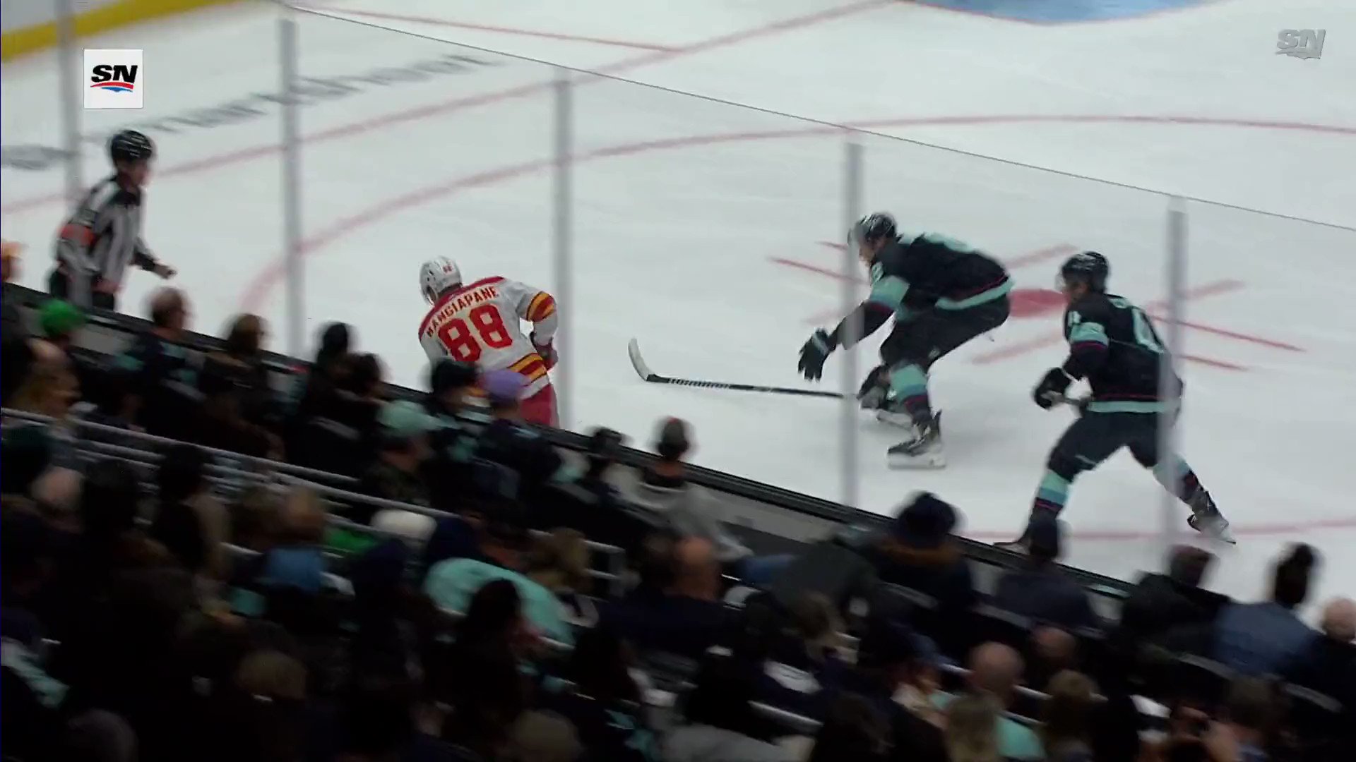 Flames' Mangiapane assessed match penalty for cross-checking Kraken's McCann in neck