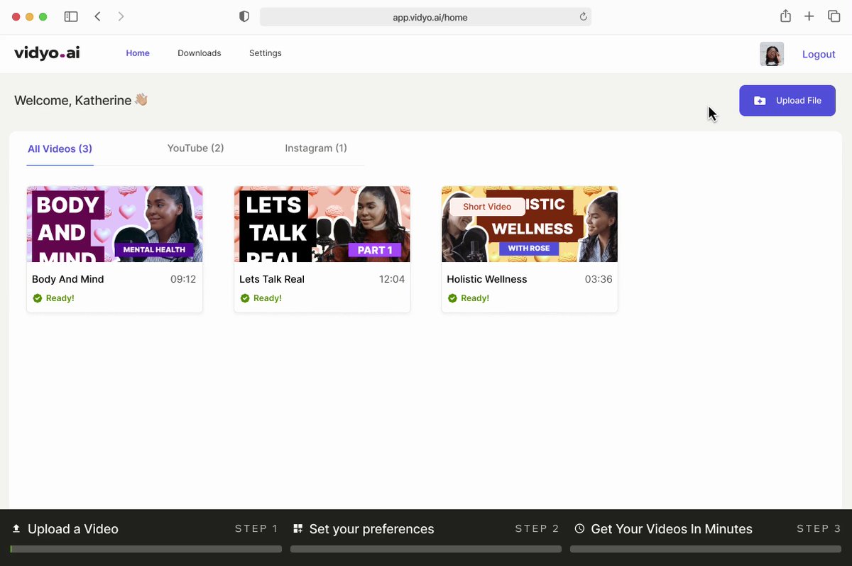 Alamin on X: 4. Vidyo AI This website is for all the content creators out  there. It can convert your full-length YouTube videos into 60-second shots  with just a few clicks. t.coNVbp26j8ac 