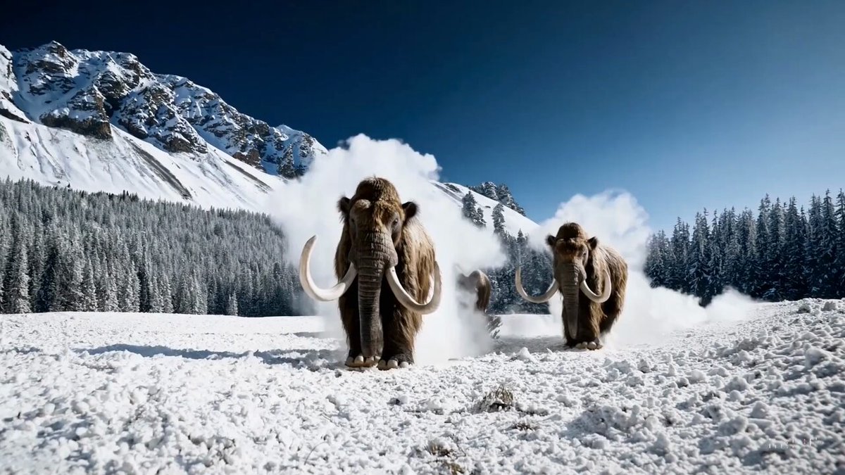 Several giant wooly mammoths approach treading through a snowy meadow, their long wooly fur lightly blows in the wind as they walk, snow covered trees and dramatic snow capped mountains in the distance