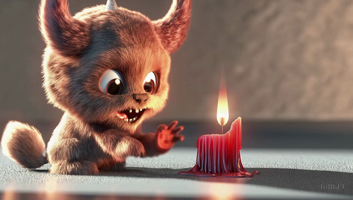 Animated scene features a close-up of a short fluffy monster kneeling beside a melting red candle. the art style is 3d and realistic, with a focus on lighting and texture.