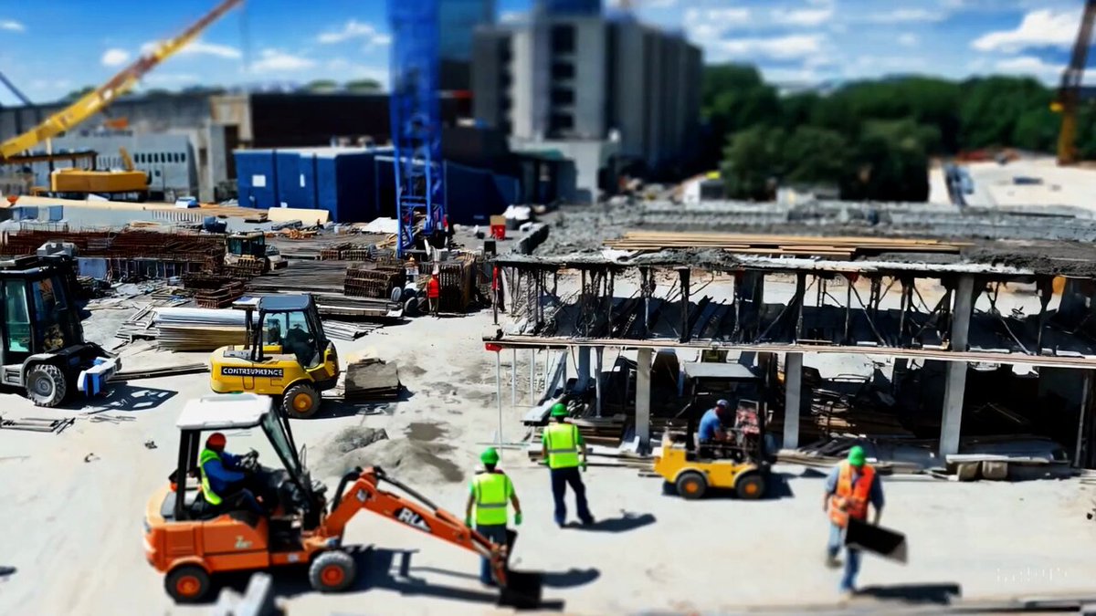Tiltshift of a construction site filled with workers, equipment, and heavy machinery.
