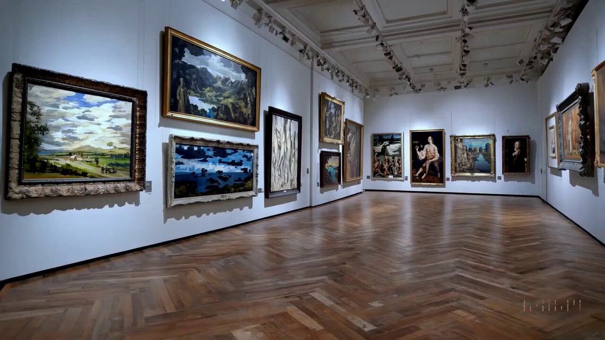 Tour of an art gallery with many beautiful works of art in different styles.
