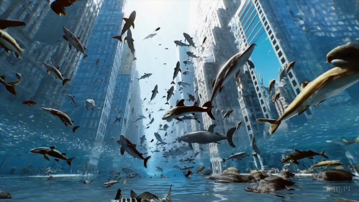 New York City submerged like Atlantis. Fish, whales, sea turtles and sharks swim through the streets of New York.