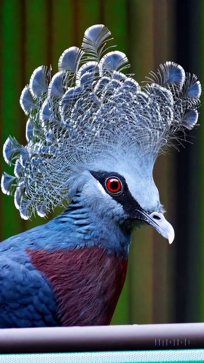 Video Poster for This close-up shot of a Victoria crowned pigeon showcases its striking blue plumage and red chest. Its crest is made of delicate, lacy feathers, while its eye is a striking red color. The bird’s head is tilted slightly to the side, giving the impression o