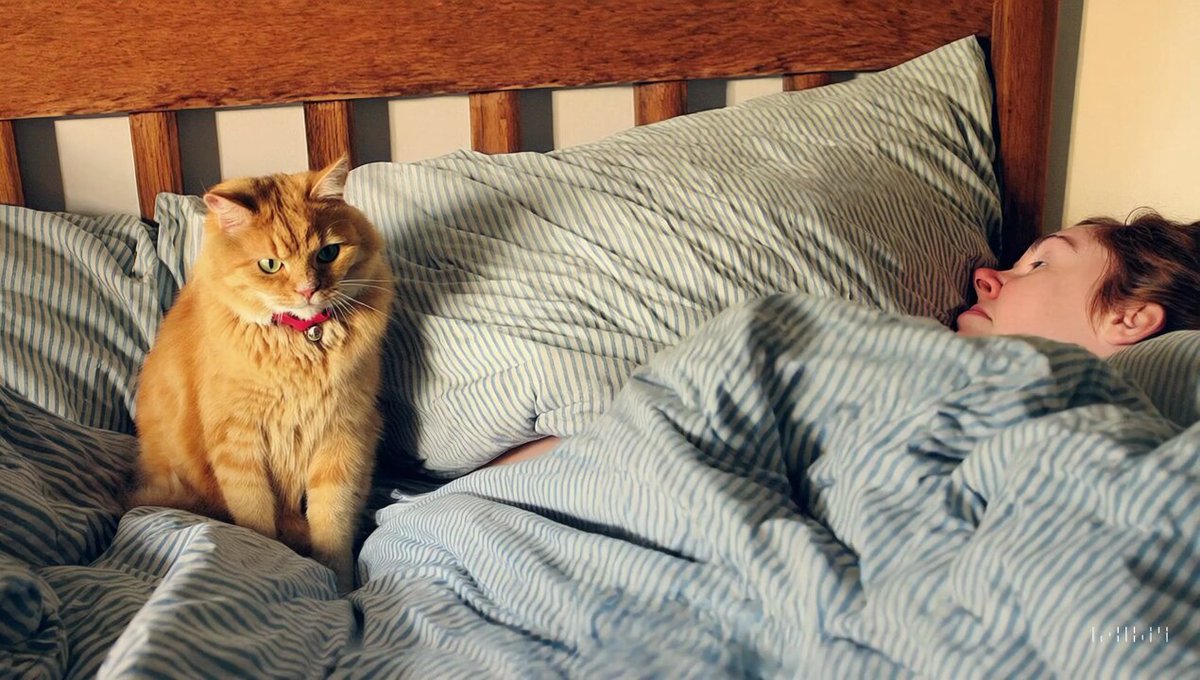 A cat waking up its sleeping owner demanding breakfast. The owner tries to ignore the cat, but the cat tries new tactics and finally the owner pulls out a secret stash of treats from under the pillow to hold the cat off a little longer.