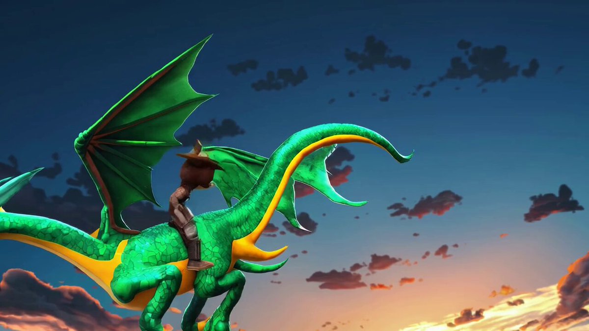 Video Poster for A half duck half dragon flies through a beautiful sunset with a hamster dressed in adventure gear on its back