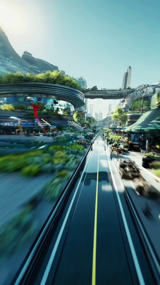 A street-level tour through a futuristic city which in harmony with nature and also simultaneously cyperpunk / high-tech.The city should be clean, with advanced futuristic trams, beautiful fountains, giant holograms everywhere, and robots all over.