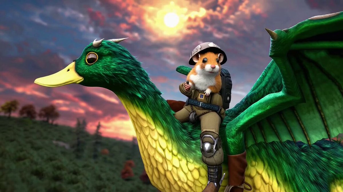 A half duck half dragon flies through a beautiful sunset with a hamster dressed in adventure gear on its back