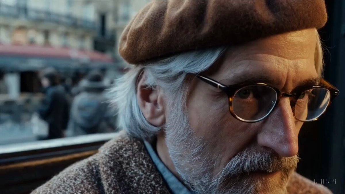 An extreme close-up of an gray-haired man with a beard in his 60s, he is deep in thought pondering the history of the universe as he sits at a cafe in Paris, his eyes focus on people offscreen as they walk as he sits mostly motionless, he is dressed in a wool coat suit coat with a button-down shirt , he wears a brown beret and glasses and has a very professorial appearance, and the end he offers a subtle closed-mouth smile as if he found the answer to the mystery of life, the lighting is very cinematic with the golden light and the Parisian streets and city in the background, depth of field, cinematic 35mm film.