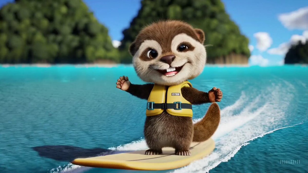 An adorable happy otter confidently stands on a surfboard wearing a yellow lifejacket, riding along turquoise tropical waters near lush tropical islands, 3D digital render art style.