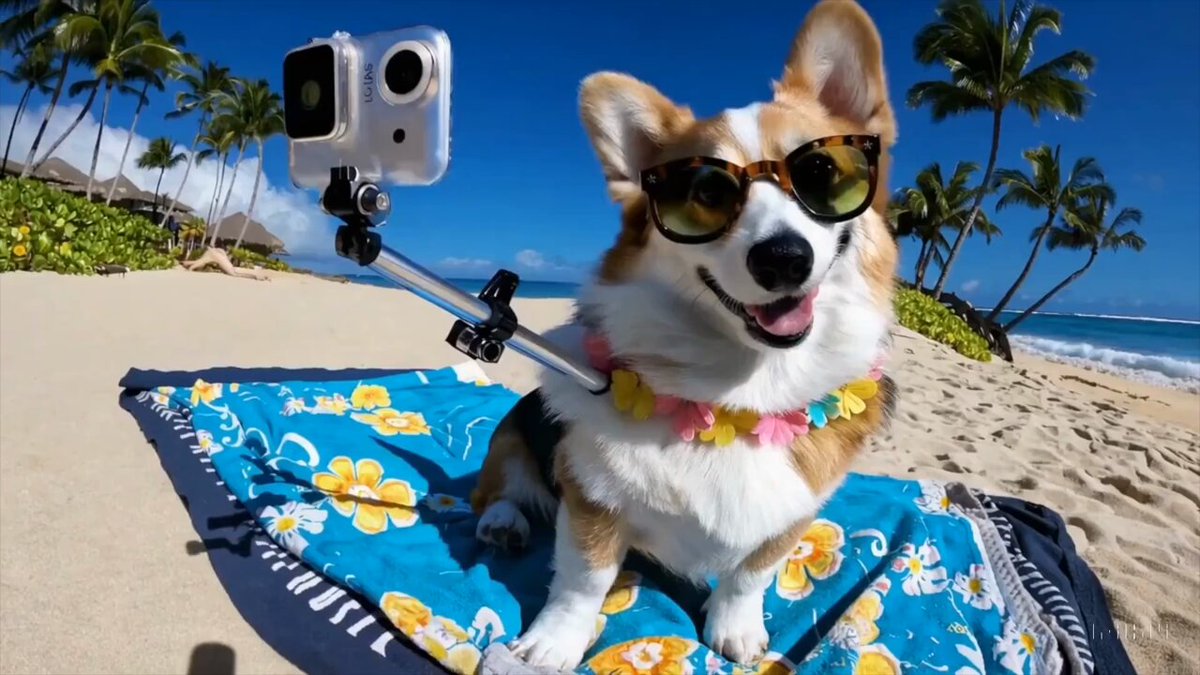 A corgi vlogging itself in tropical Maui.