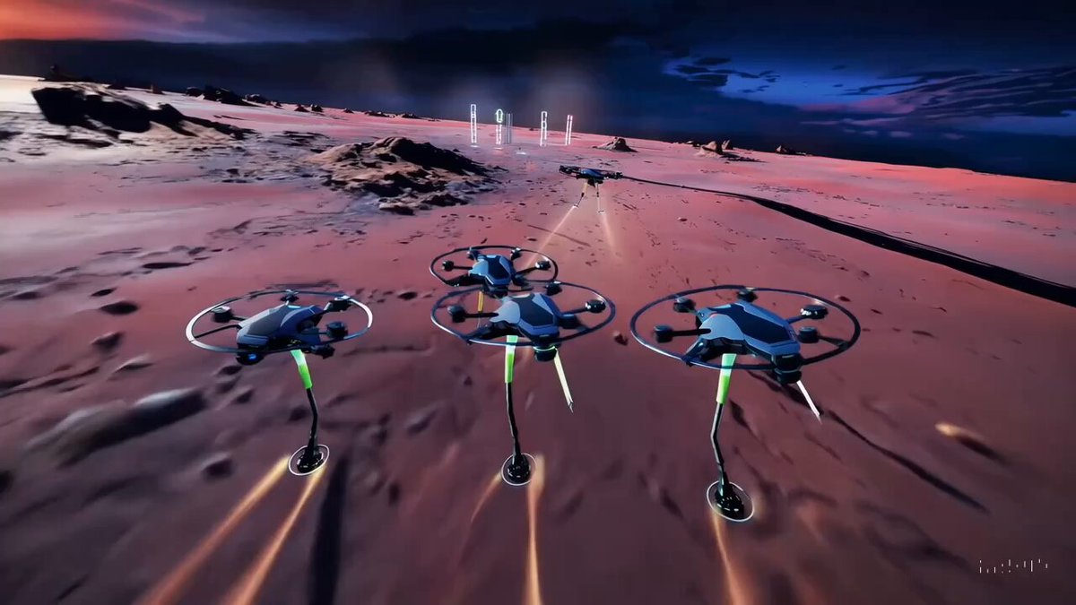 a futuristic drone race at sunset on the planet mars