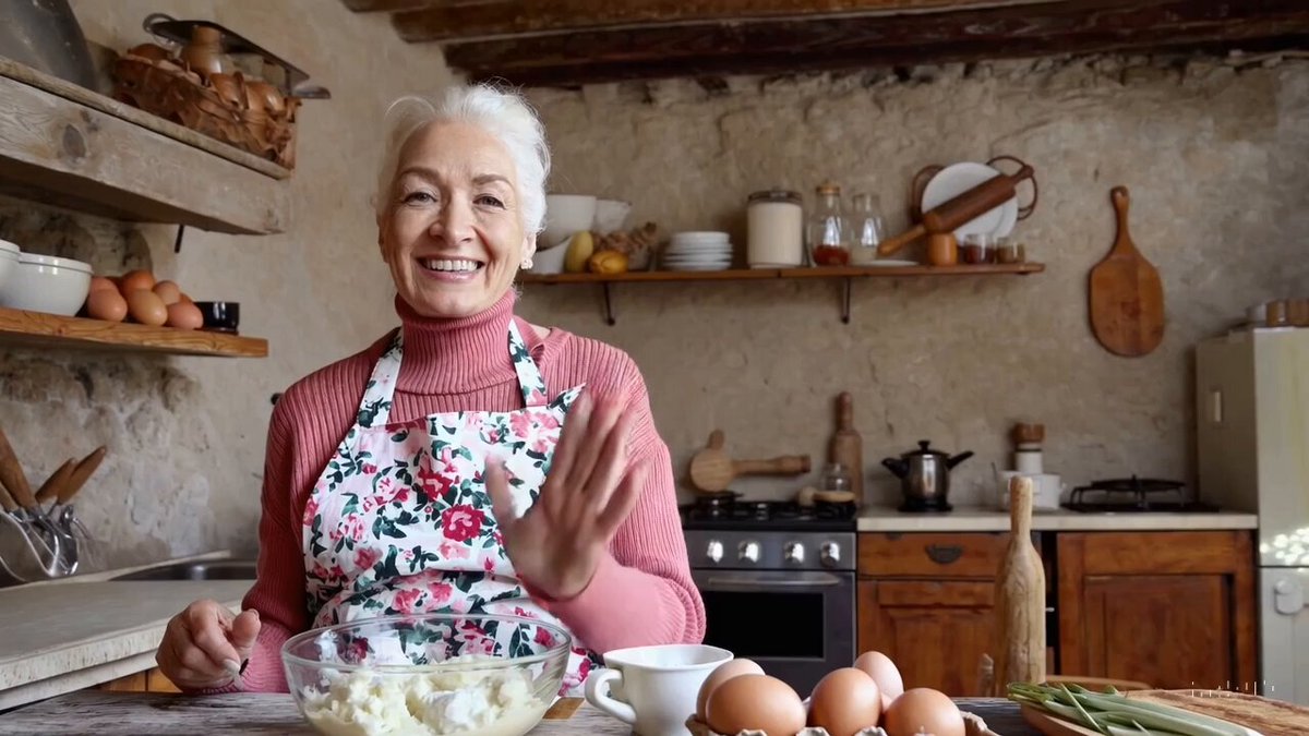 A instructional cooking session for homemade gnocchi hosted by a grandmother social media influencer set in a rustic Tuscan country kitchen with cinematic lighting