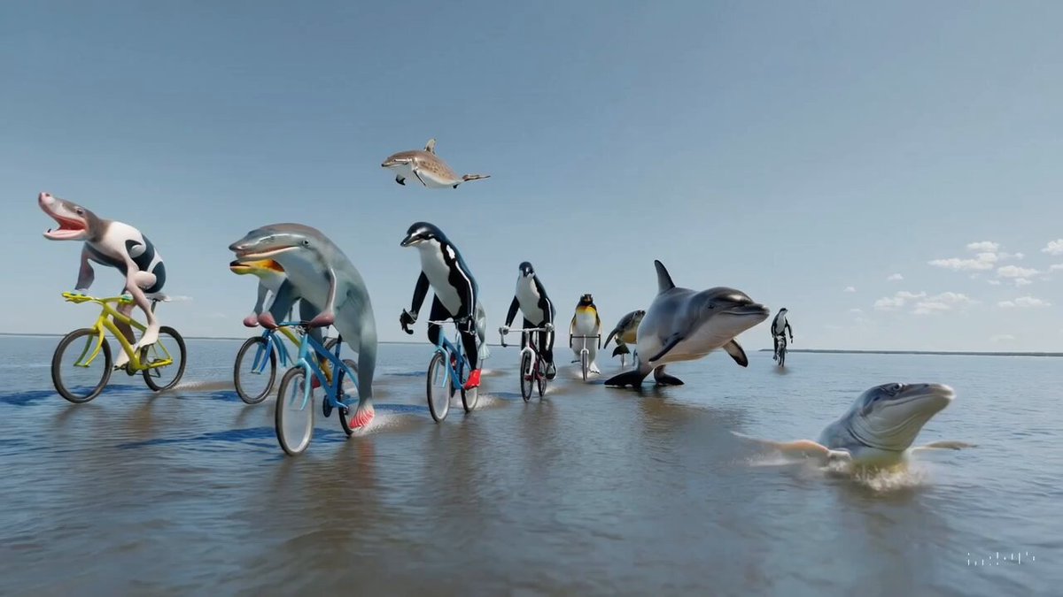 Video Poster for A bicycle race on ocean with different animals as athletes riding the bicycles with drone camera view