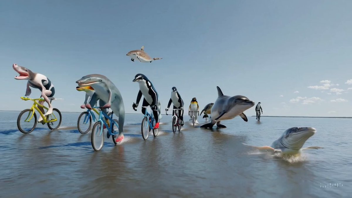 A bicycle race on ocean with different animals as athletes riding the bicycles with drone camera view