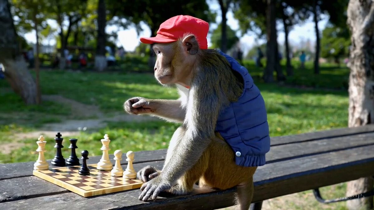 a monkey playing chess in a park.