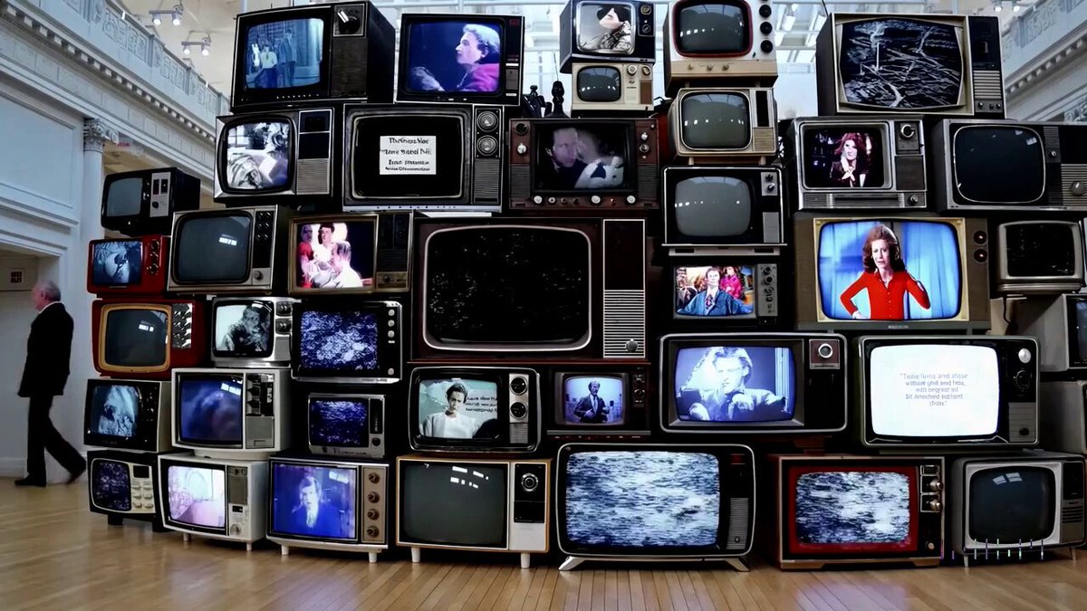 The camera rotates around a large stack of vintage televisions all showing different programs — 1950s sci-fi movies, horror movies, news, static, a 1970s sitcom, etc, set inside a large New York museum gallery.