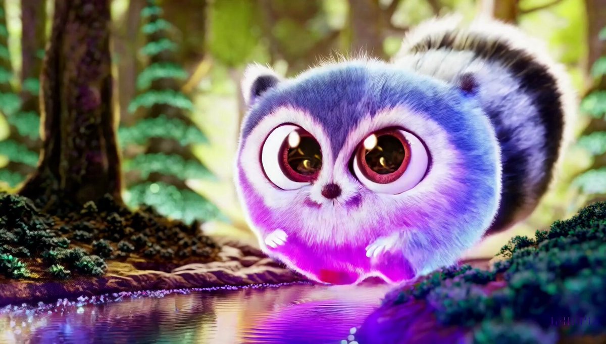 3D animation of a small, round, fluffy creature with big, expressive eyes explores a vibrant, enchanted forest. The creature, a whimsical blend of a rabbit and a squirrel, has soft blue fur and a bushy, striped tail. It hops along a sparkling stream, its eyes wide with wonder. The forest is alive with magical elements: flowers that glow and change colors, trees with leaves in shades of purple and silver, and small floating lights that resemble fireflies. The creature stops to interact playfully with a group of tiny, fairy-like beings dancing around a mushroom ring. The creature looks up in awe at a large, glowing tree that seems to be the heart of the forest.
