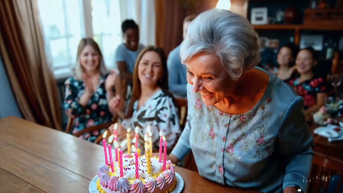 A grandmother with neatly combed grey hair stands behind a colorful birthday cake with numerous candles at a wood dining room table, expression is one of pure joy and happiness, with a happy glow in her eye. She leans forward and blows out the candles with a gentle puff, the cake has pink frosting and sprinkles and the candles cease to flicker, the grandmother wears a light blue blouse adorned with floral patterns, several happy friends and family sitting at the table can be seen celebrating, out of focus. The scene is beautifully captured, cinematic, showing a 3/4 view of the grandmother and the dining room. Warm color tones and soft lighting enhance the mood..