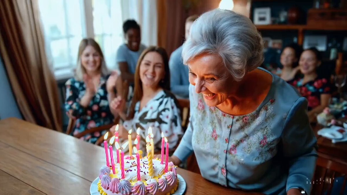 Video Poster for A grandmother with neatly combed grey hair stands behind a colorful birthday cake with numerous candles at a wood dining room table, expression is one of pure joy and happiness, with a happy glow in her eye. She leans forward and blows out the candles wit