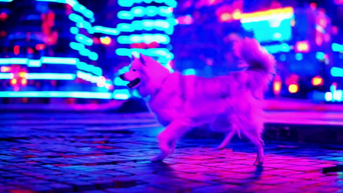 A Samoyed and a Golden Retriever dog are playfully romping through a futuristic neon city at night. The neon lights emitted from the nearby buildings glistens off of their fur.