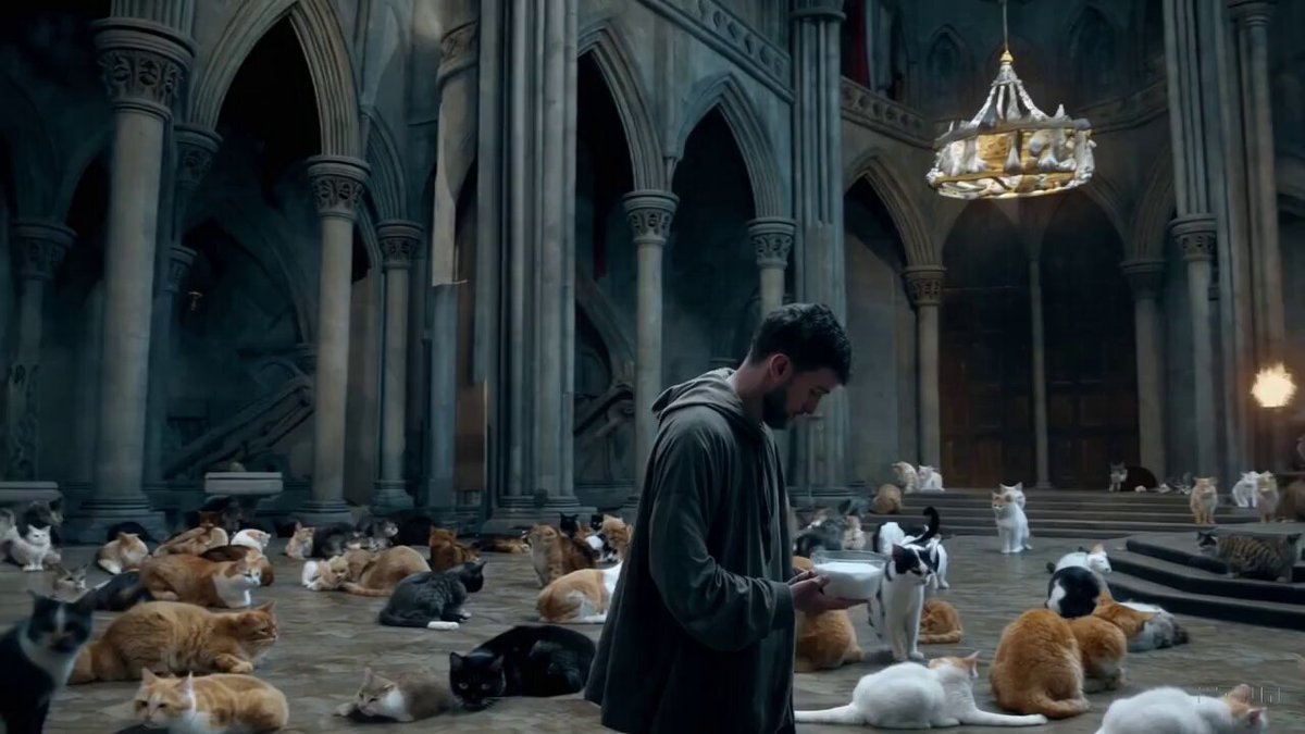 a giant cathedral is completely filled with cats. there are cats everywhere you look. a man enters the cathedral and bows before the giant cat king sitting on a throne.
