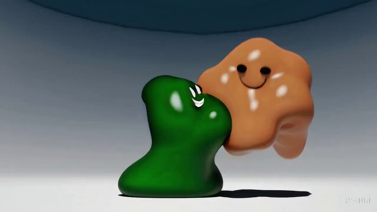 a green blob and an orange blob are in love and dancing together