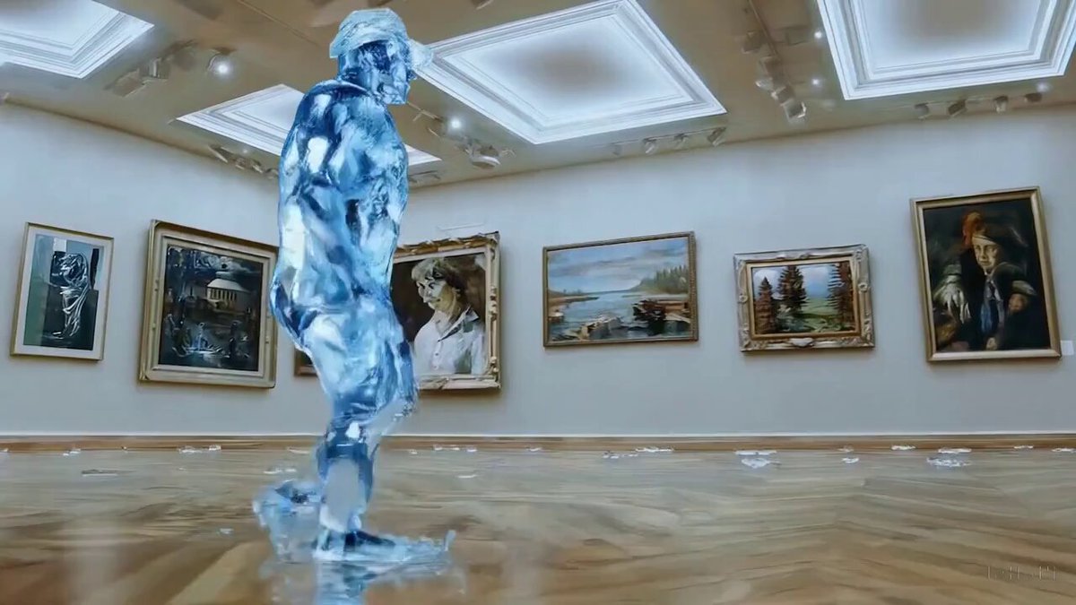 a walking figure made out of water tours an art gallery with many beautiful works of art in different styles