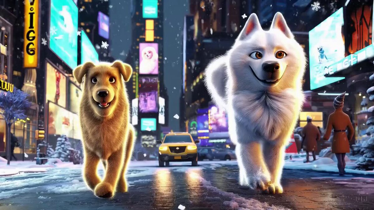 a golden retriever and samoyed should walk through NYC, then a taxi should stop to let the dogs pass a crosswalk, then they should walk past a pretzel and hot dog stand, and finally they should end up looking at Broadway signs.