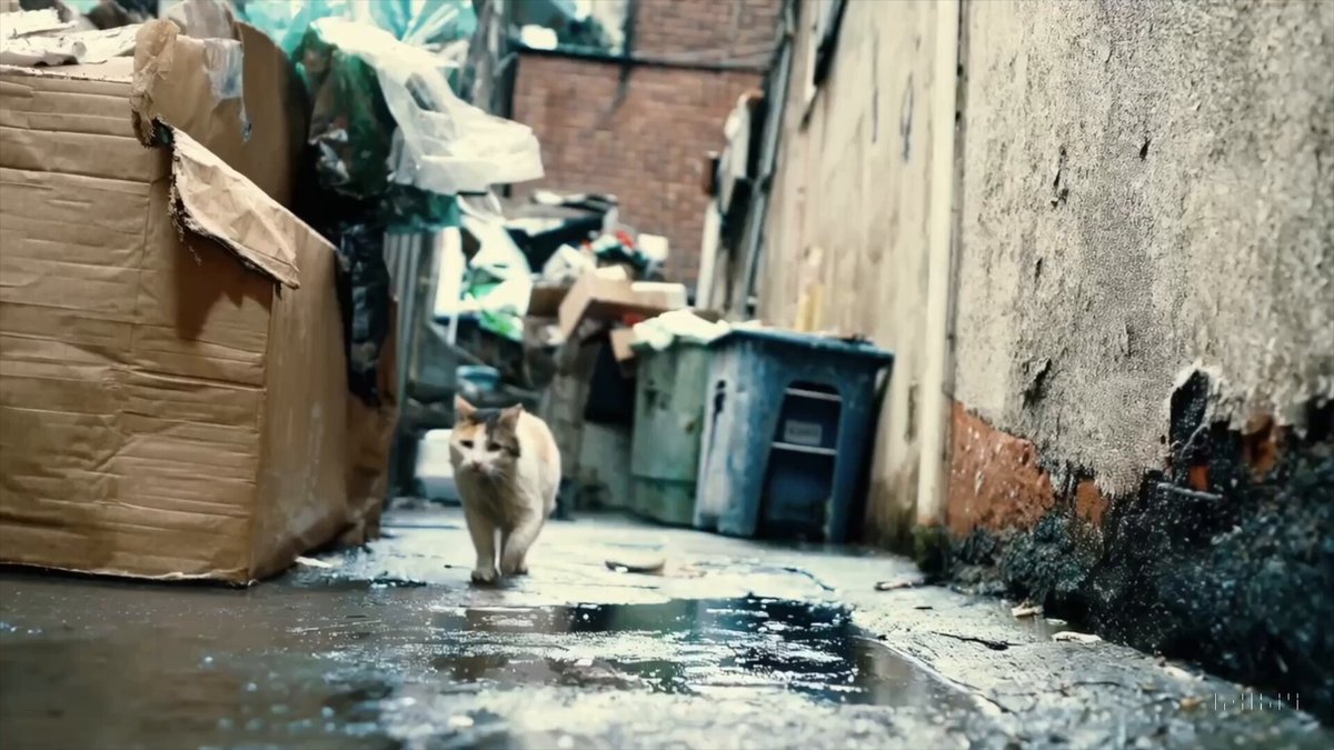 a white and orange tabby alley cat is seen darting across a back street alley in a heavy rain, looking for shelter.
