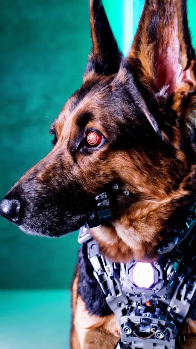 this close-up shot of a futuristic cybernetic german shepherd showcases its striking brown and black fur. its chest and head have robotic modifications while its eye is a striking black color with futuristic digital altercations. the dog's head is tilted slightly to the side, giving the impression of it looking regal and majestic. the neon background is blurred, drawing attention to the dog's striking appearance