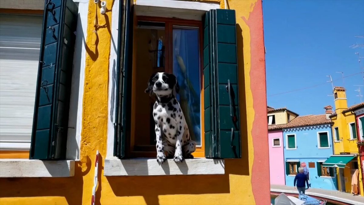 The camera directly faces colorful buildings in Burano Italy. An adorable dalmation looks through a window on a building on the ground floor. Many people are walking and cycling along the canal streets in front of the buildings.