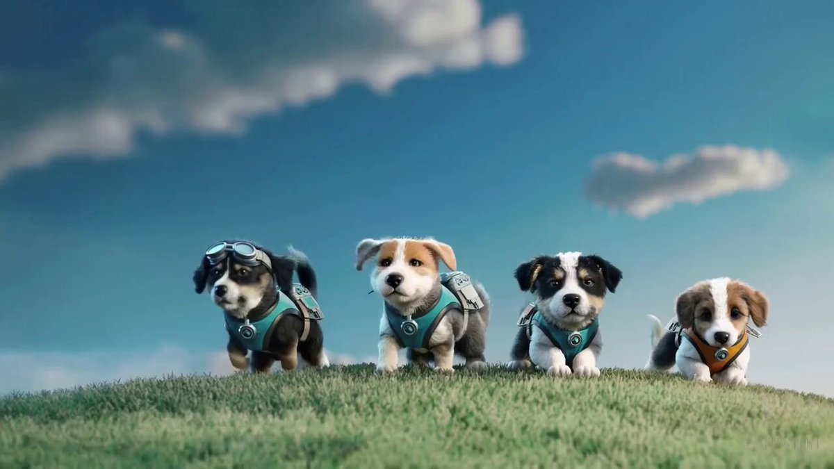 Cinematic trailer for a group of adventurous puppies exploring ruins in the sky