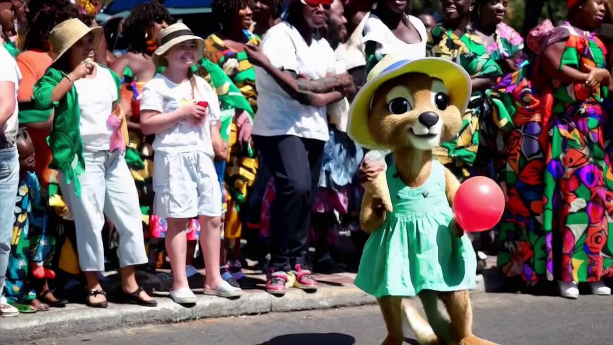 an adorable kangaroo wearing a green dress and a sun hat taking a pleasant stroll in Johannesburg, South Africa during a colorful festival.
