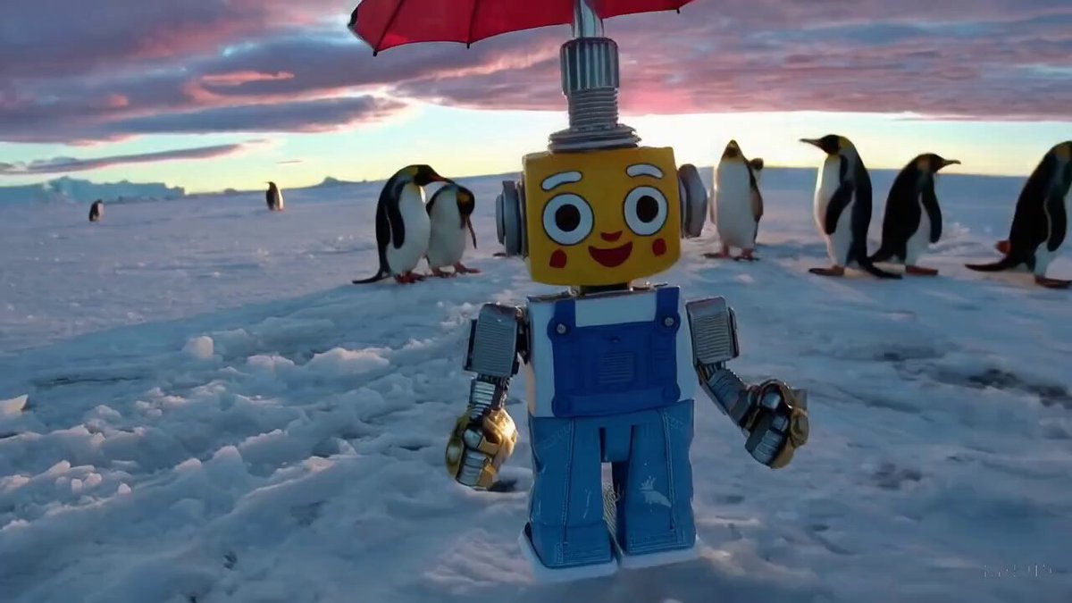 a toy robot wearing blue jeans and a white t-shirt taking a pleasant stroll in Antarctica during a beautiful sunset.