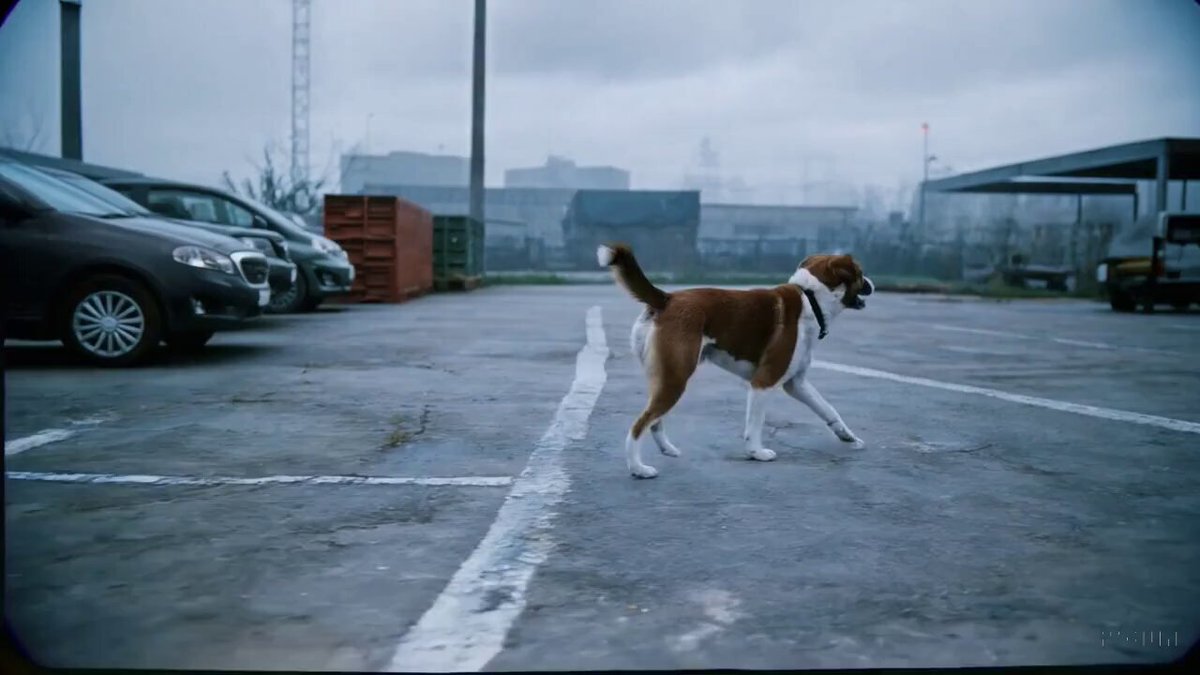 A medium sized friendly looking dog walks through an industrial parking lot. The environment is foggy and cloudy. Shot on 35mm film, vivid colors.