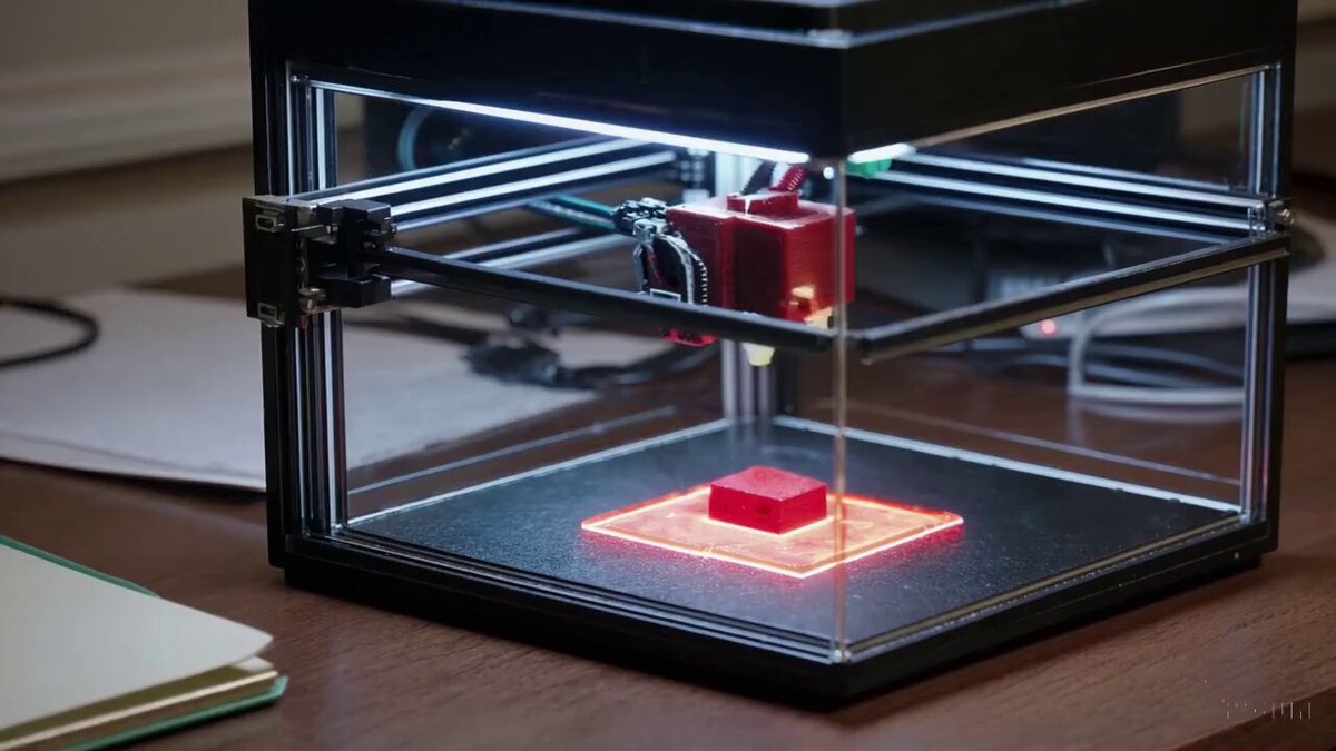 A timelapse closeup of a 3D printer printing a small red cube in an office with dim lighting.