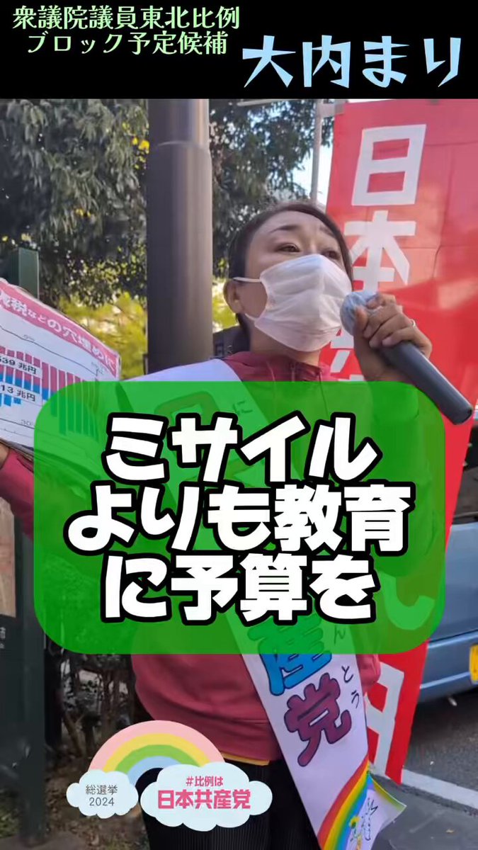 ミサイルよりも教育に予算を！教育費はどんどん下げて、軍事費は教育費の2倍にまで増やしています。私たちの税金です、お金の使い方が間違っています。まず学費は半額に、返済不要の奨学金、若者が背負っている重い奨学金返済を半額にします。#日本共産党#比例は日本共産党 https://t.co/Hd7951nziX