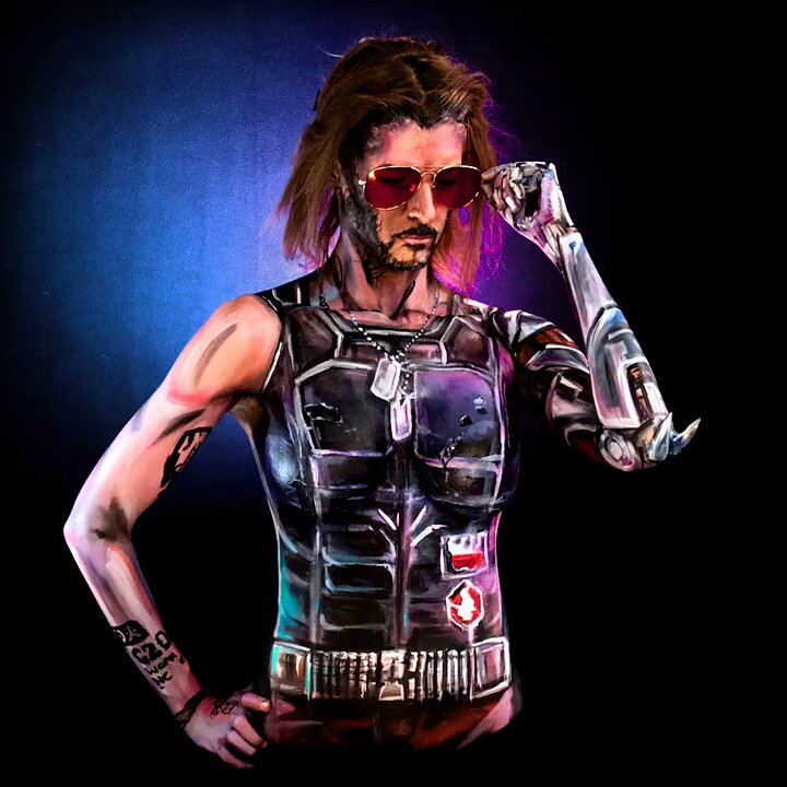 Wake up choombas, we got a city to burn!Here’s my Johnny Silverhand from Cyberpunk 2077 #bodypaint I painted on myself https://t.co/hBldKxHcbB
