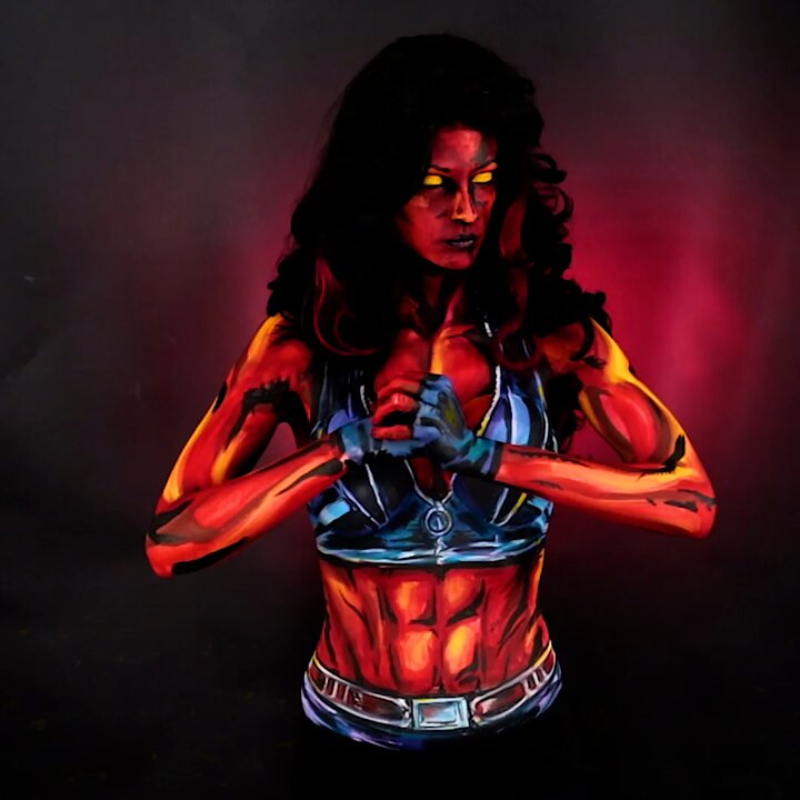 𝐐: Why doesn’t Bruce Banners pants rip when he transforms into the Hulk?𝐀: Because the radiation altered his jeans(Here’s my Red She Hulk #bodypaint I painted on myself) https://t.co/00igd5Kb8r