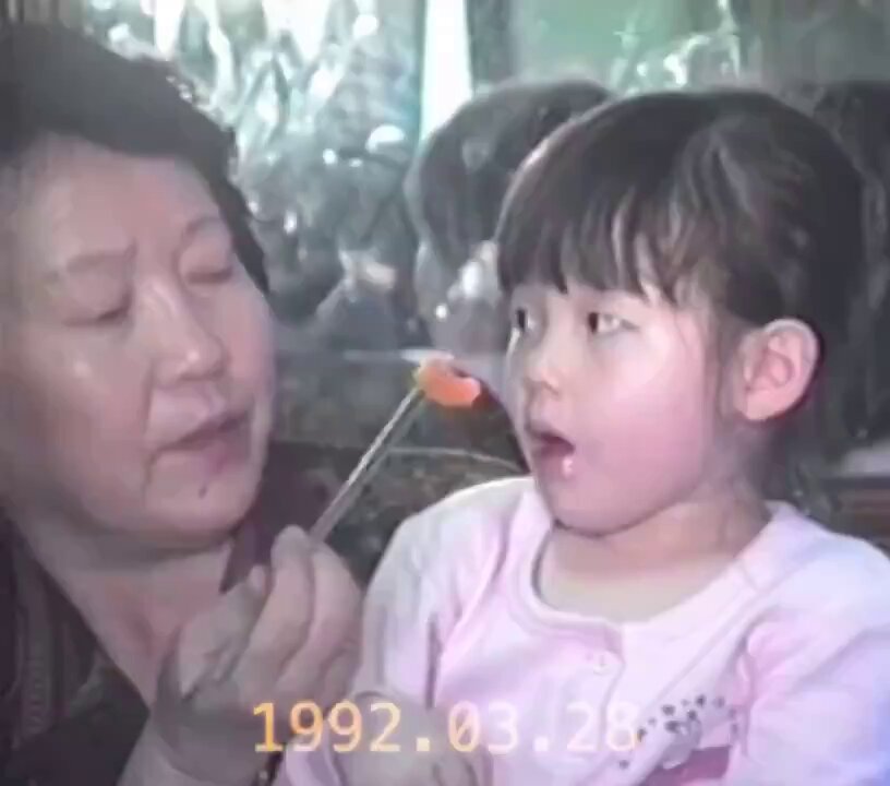 Grandma and her grandchild years ago and years later. 