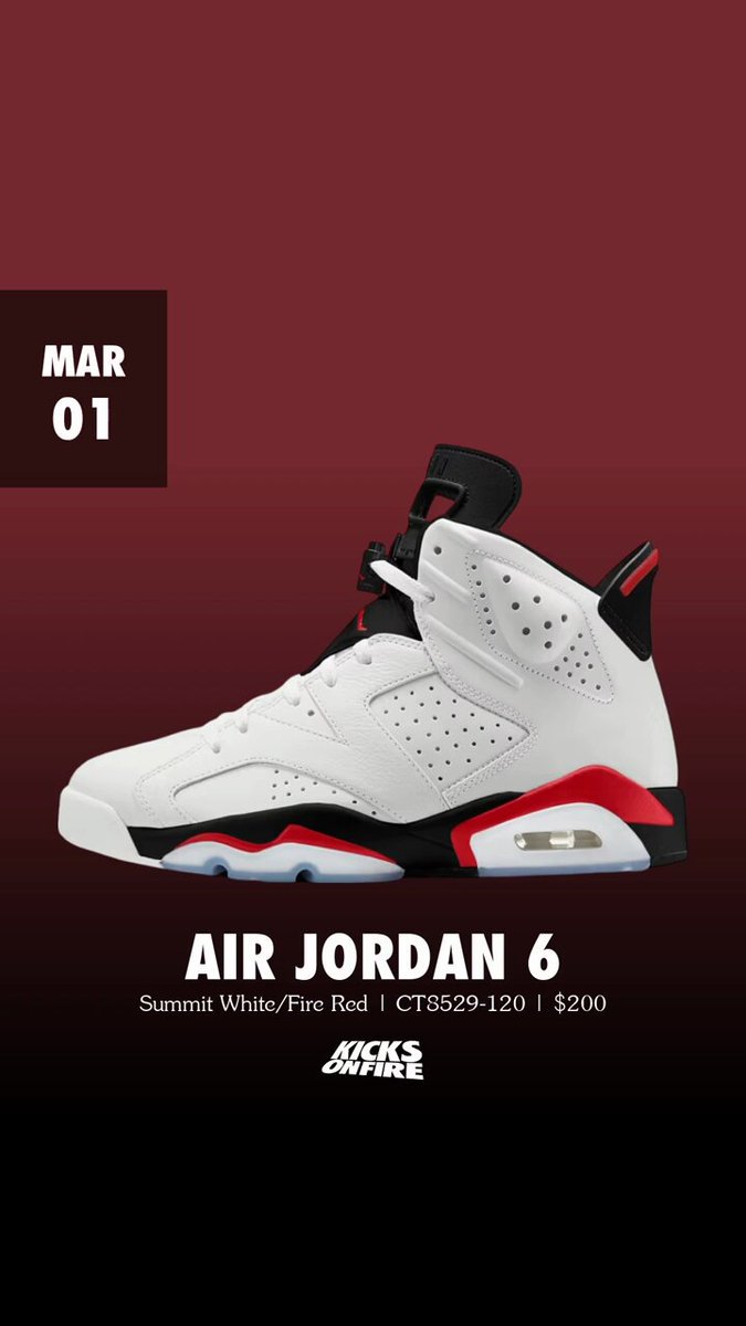 Air Jordan 6 White / Fire Red release on March 1, 2025 for $200