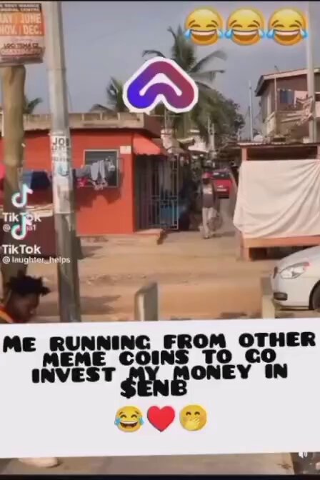 A person running energetically through a street with the caption 'ME RUNNING FROM OTHER COINS TO INVEST MY MONEY IN $ENB'