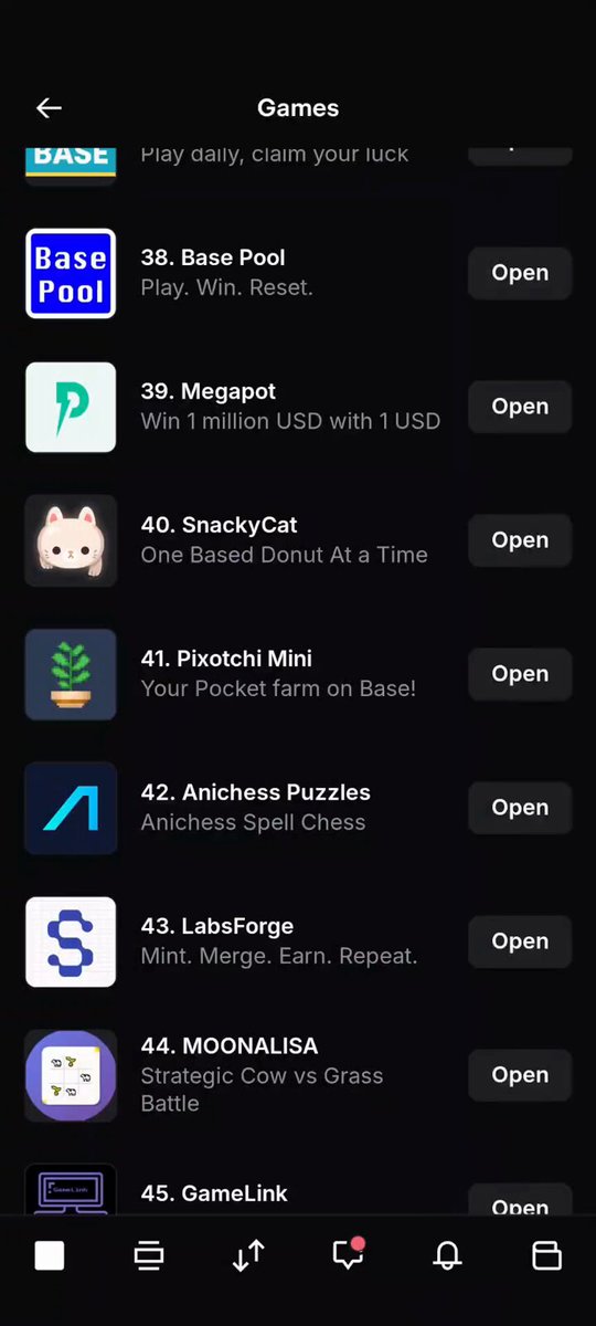 Screenshot of Base App games list including Snacky Cat