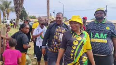 Outdoor group photo of several Black individuals, including men and women, dressed in yellow and green ANC-colored outfits and hats, standing near a fence with palm trees and a pole in the background; appears to be at a casual political or community event.